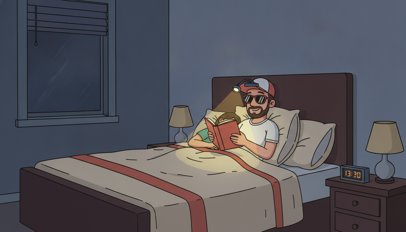 Cartoon illustration of Tim reading in bed by a small clip-on book light while his partner sleeps beside him