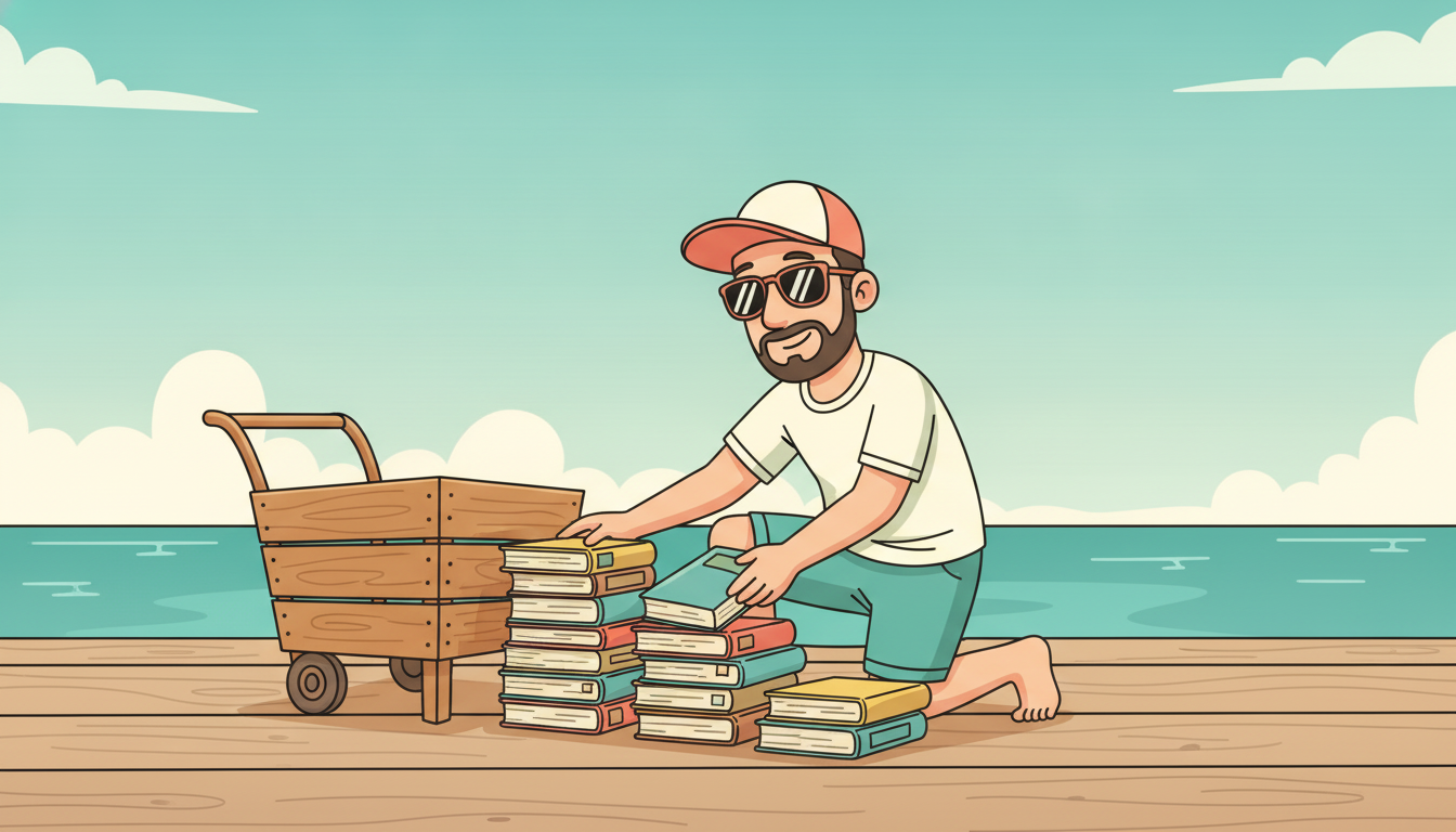 Cartoon illustration of Tim kneeling on a sunlit seaside boardwalk beside a wooden book cart, sorting worn paperbacks into separate stacks on the planks