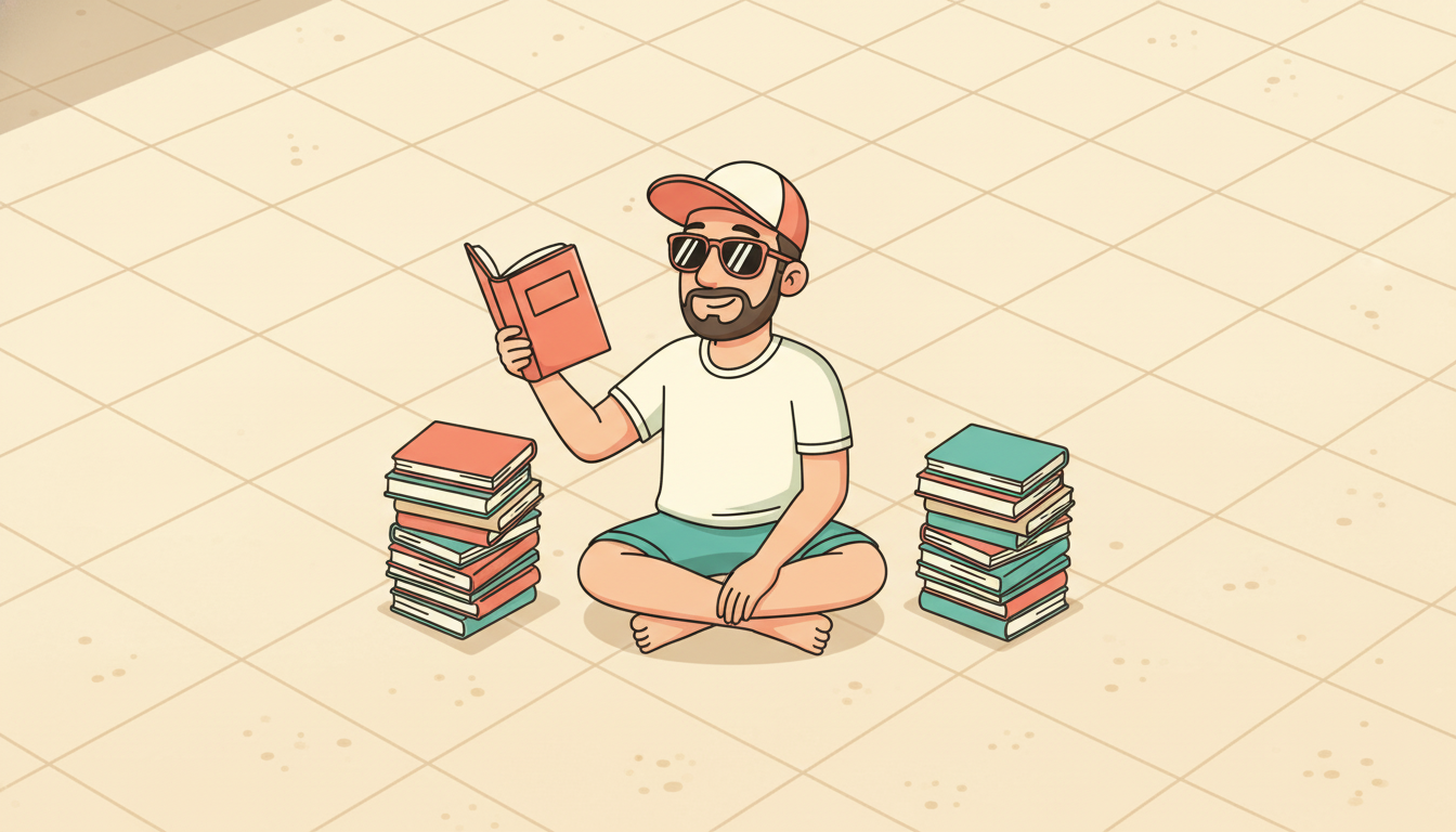 Cartoon illustration viewed from above of Tim sitting cross-legged on a sun-washed tiled terrace floor, sorting a spread of paperbacks into two separate piles in front of him, holding one book up as he decides which pile it belongs in