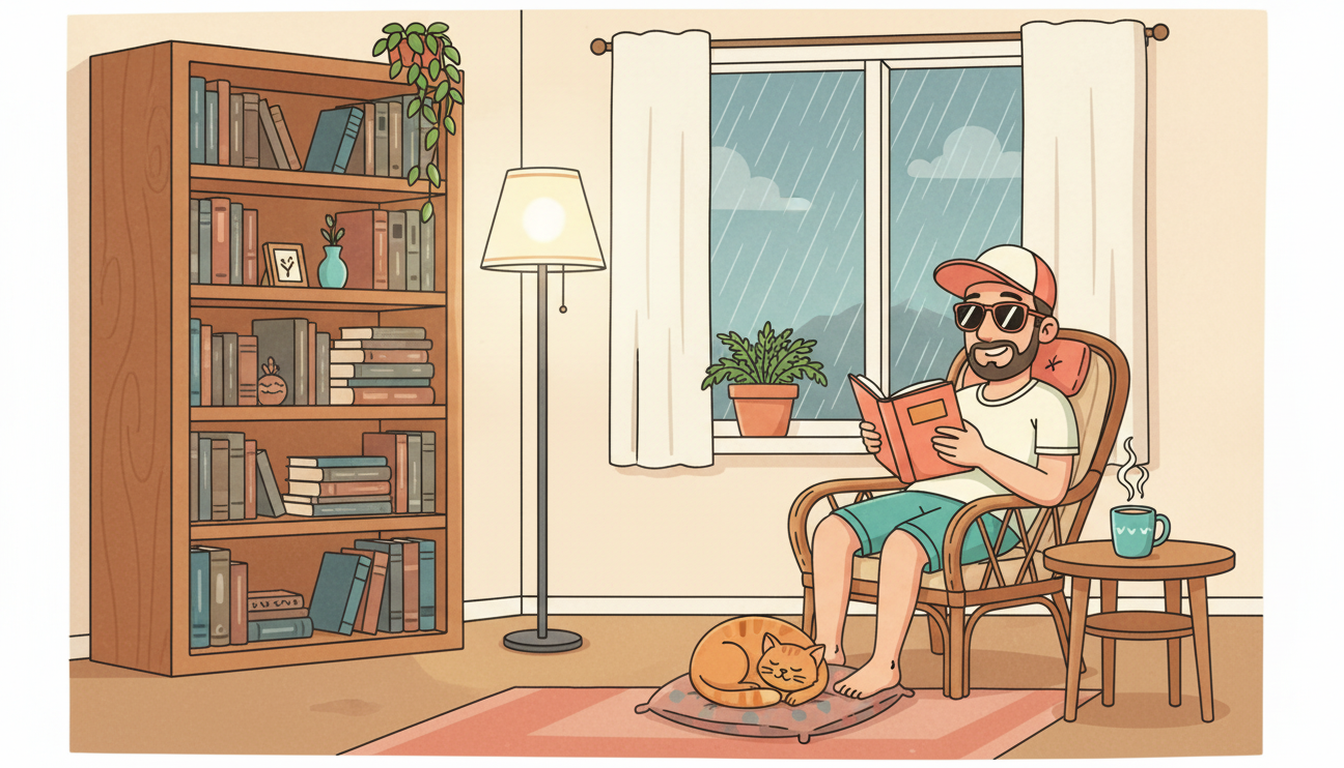 Cartoon illustration of Tim reading in a rattan chair in a warm lamp-lit room, rain on the window, a ginger cat asleep on a cushion at his feet
