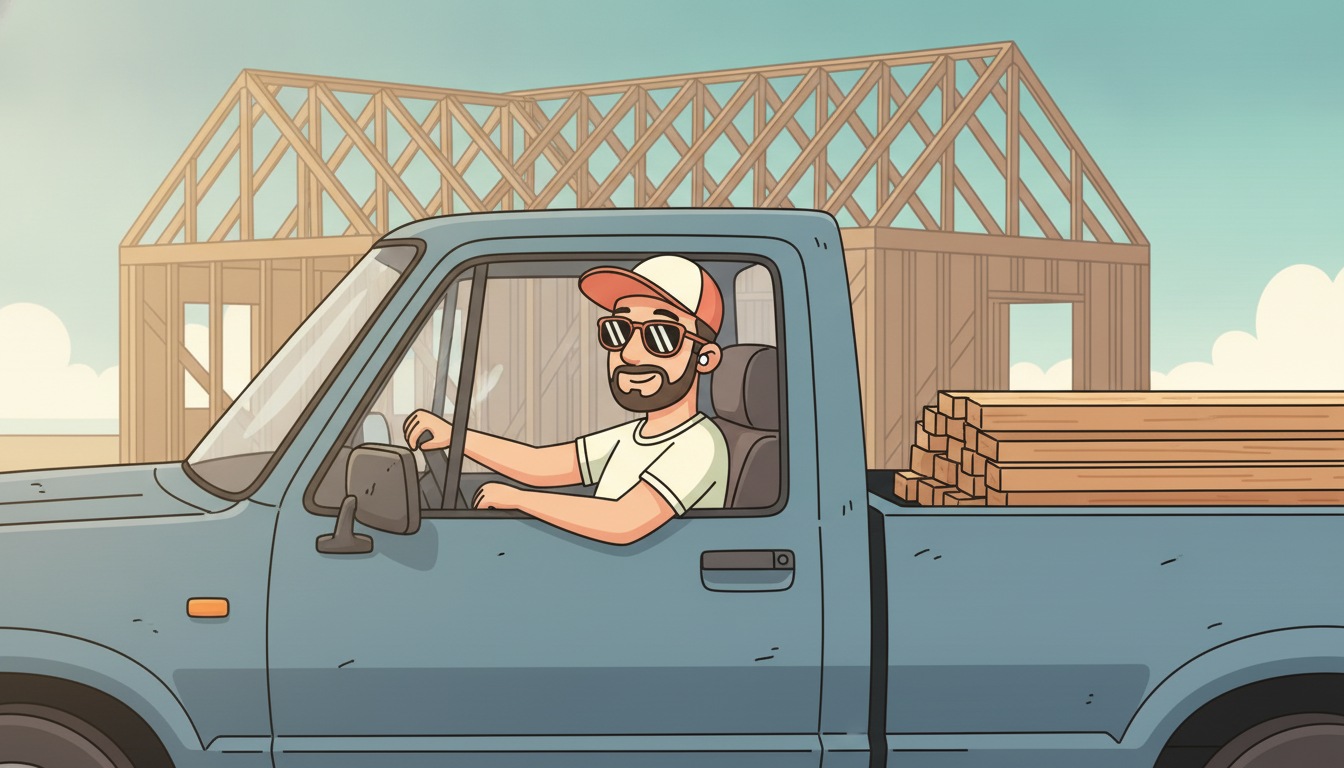 Cartoon illustration of Tim in a work truck at a job site with earbuds in and an audiobook playing, a stack of lumber in the bed behind him