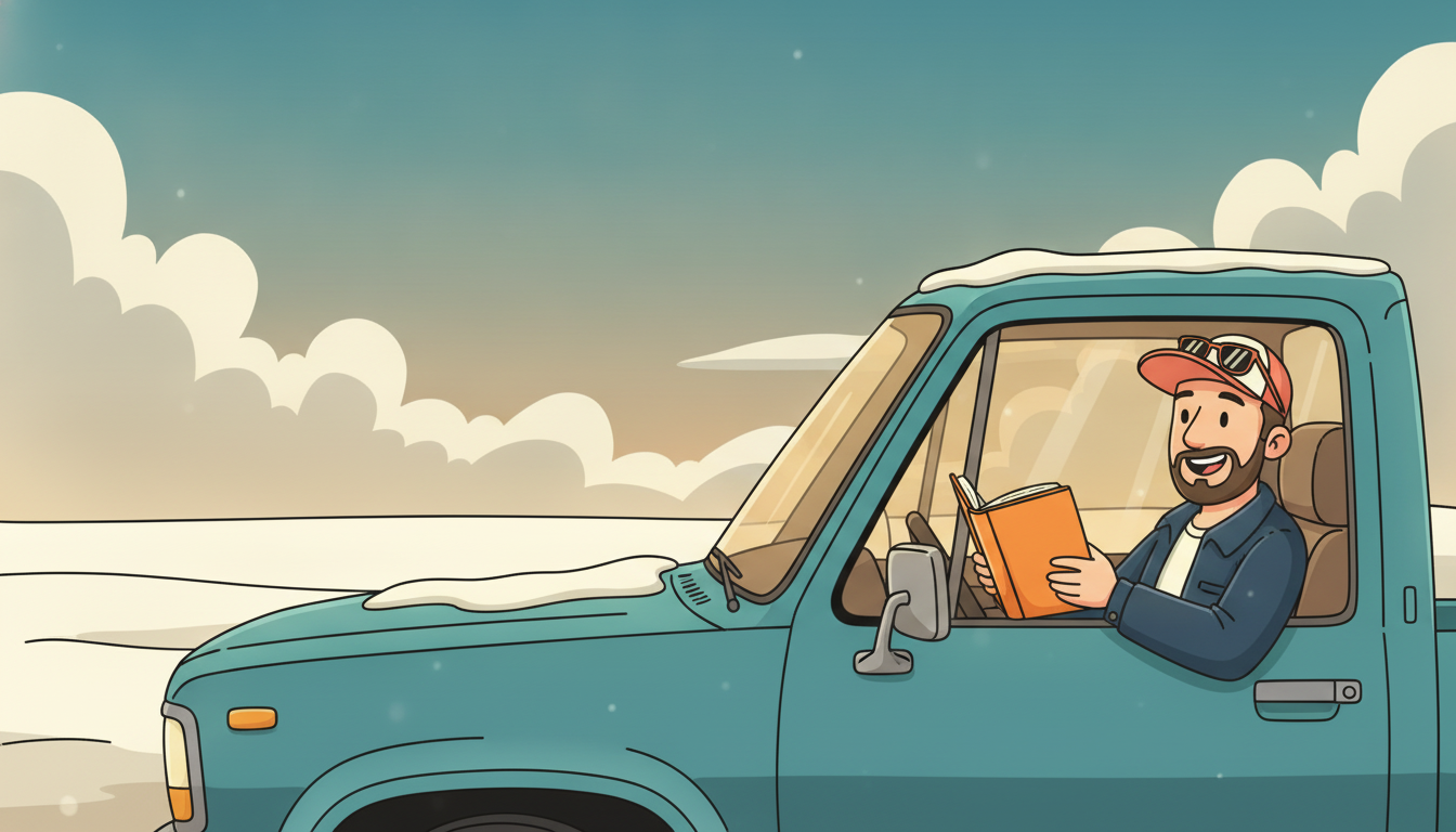 Cartoon illustration of Tim grinning as he reads an orange hardcover in his parked pickup truck on a snowy prairie evening