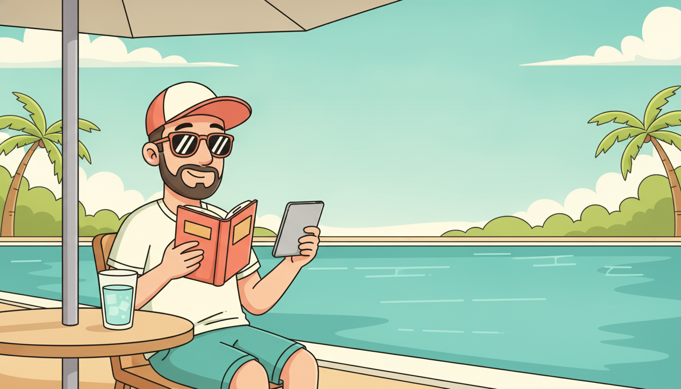 Cartoon illustration of Tim at a shaded poolside table, a paperback in one hand and an e-reader propped against a water glass, weighing the two