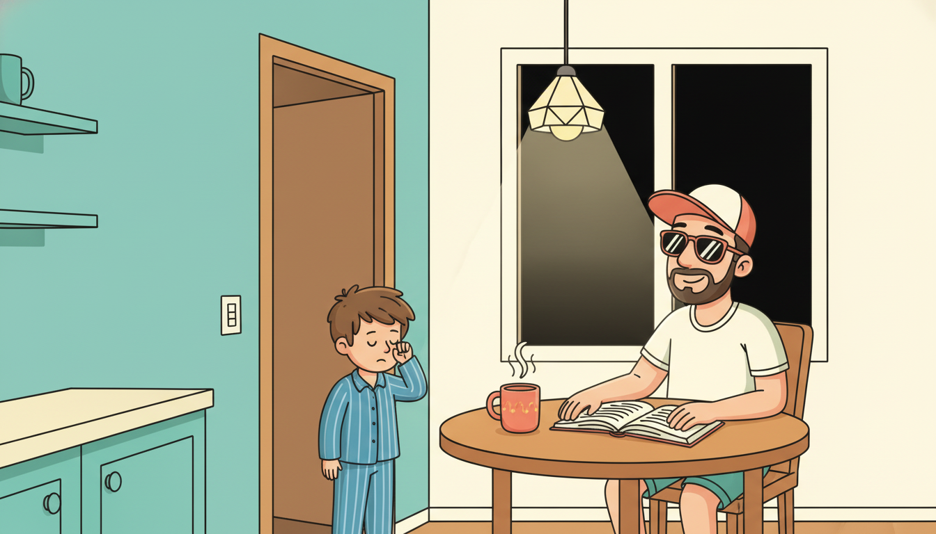 Cartoon illustration of Tim reading at his kitchen table before dawn under a single pendant light, coffee steaming beside the open book and the window behind him still black, as his sleepy seven-year-old appears in the doorway rubbing one eye