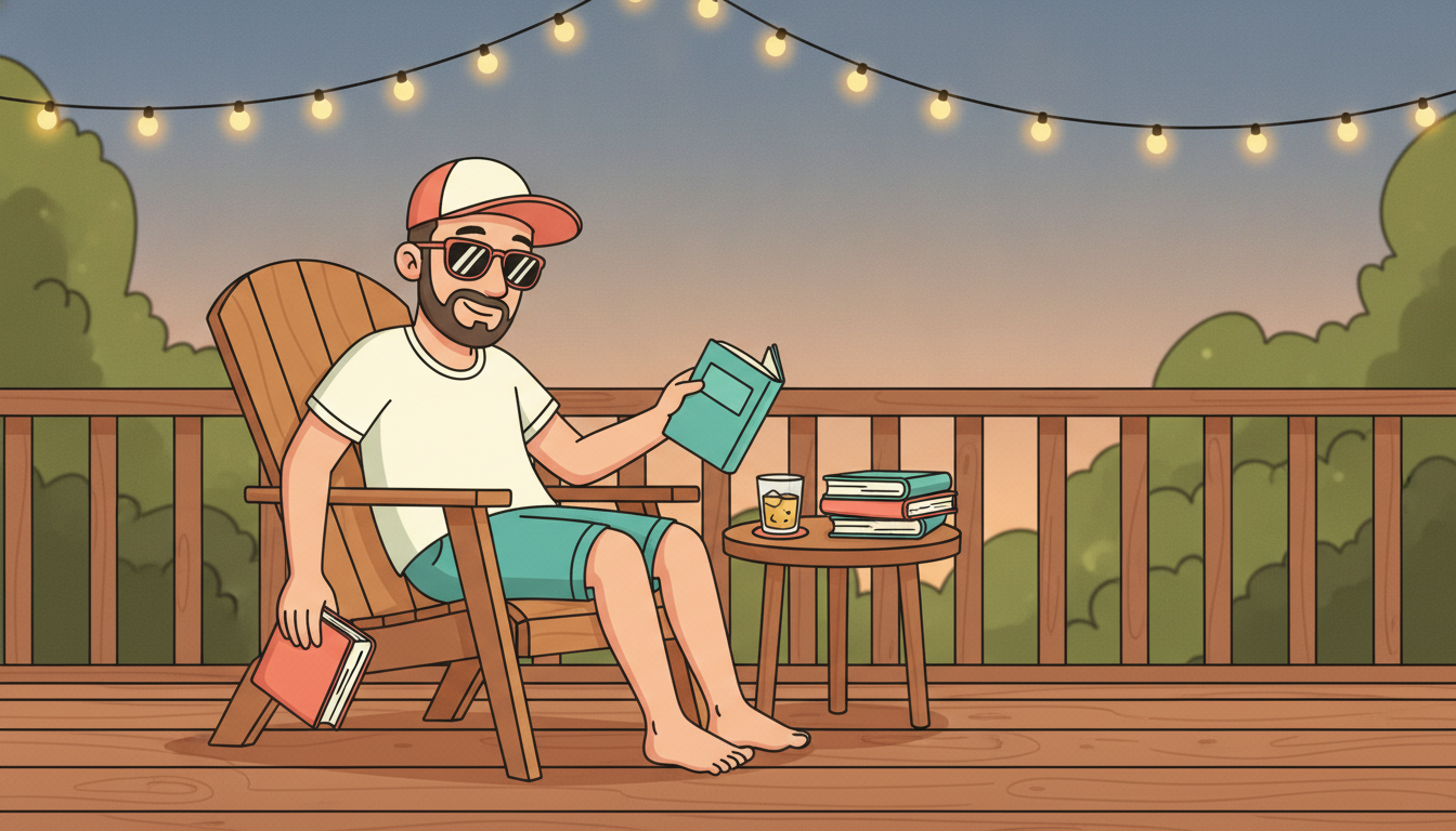 Cartoon illustration of Tim on his backyard deck at dusk under string lights, letting one paperback drop from his hand while he lifts a different book off a stack on the side table