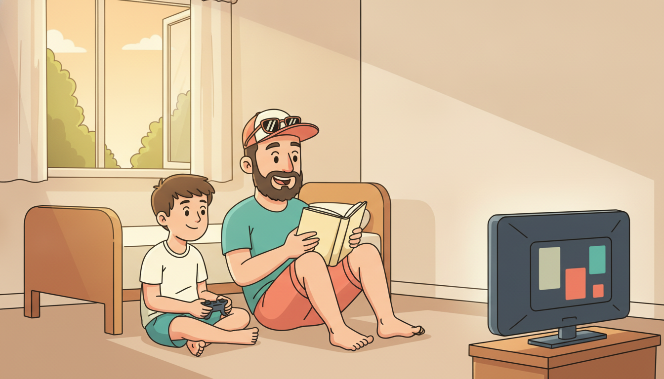Cartoon illustration of Tim sitting on the floor of a boy's bedroom with his back against the bed, reading a paperback out loud beside a young son who is holding a game controller loosely in his lap, a TV glowing paused in the corner