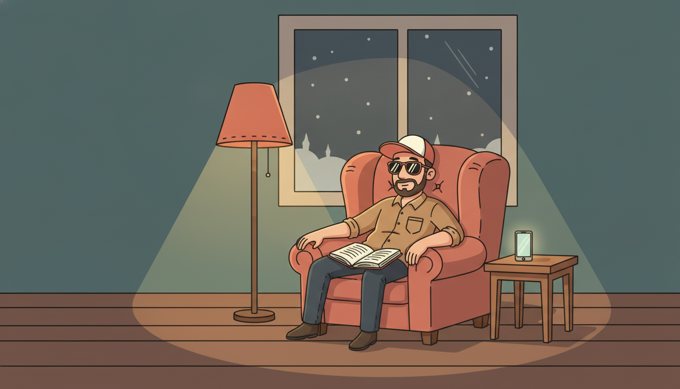 Cartoon illustration of Tim slouched in an armchair in a lamplit living room at night, still in his work shirt, an open paperback in his lap and his phone glowing on a side table across the room