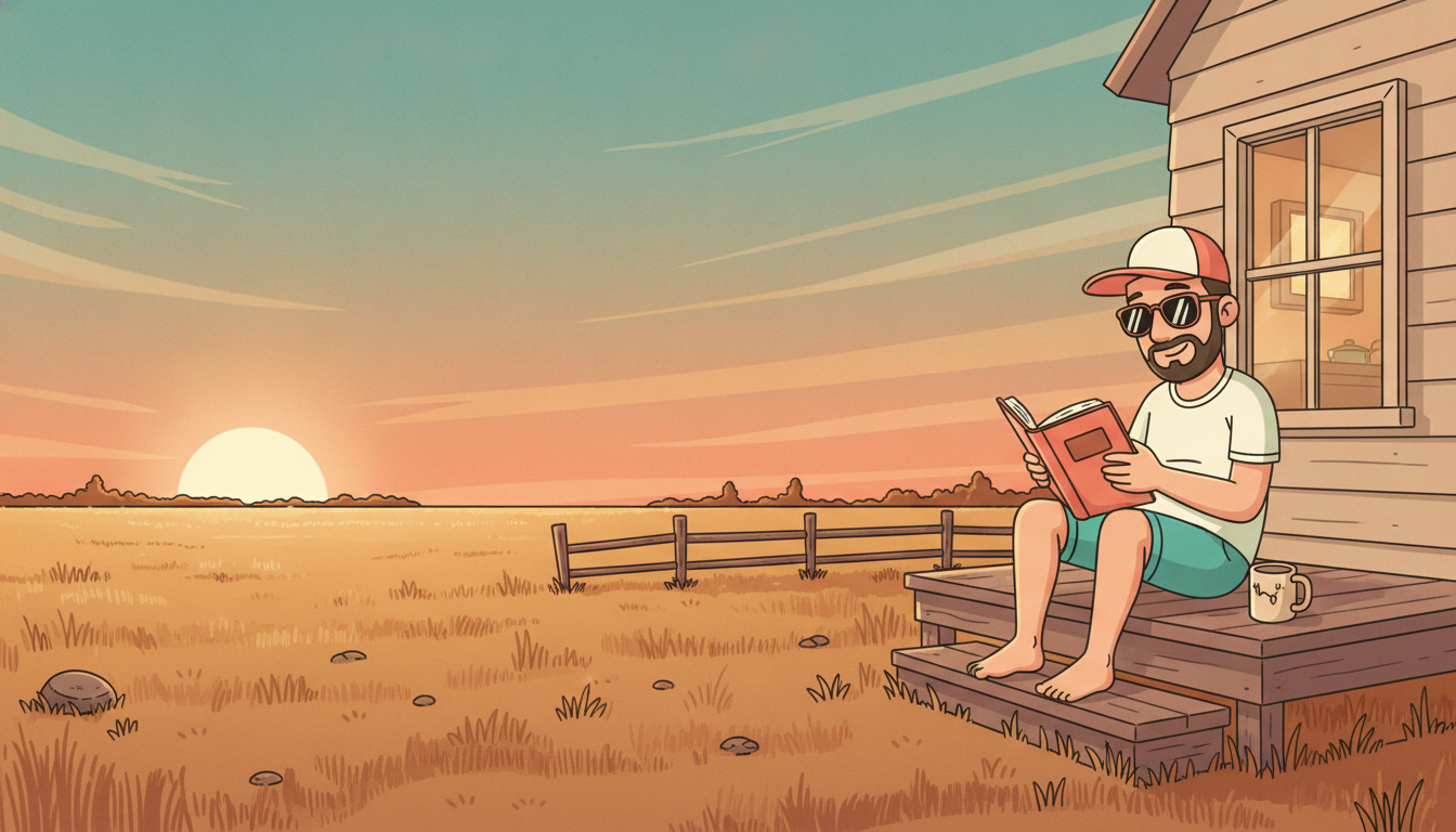 Cartoon illustration of Tim sitting on the wooden back step of a prairie house at sunset, reading a paperback with a coffee mug beside him, dry golden grass and a low fence running out to the horizon where the sun is going down