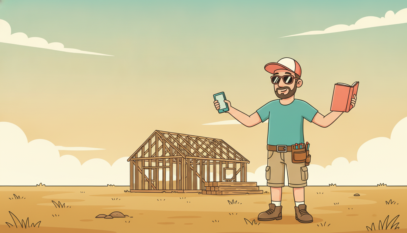 Cartoon illustration of Tim standing on a prairie job site at golden hour in work boots and a tool belt, arms out level like a balance scale, an e-reader in one hand and a thick paperback in the other, a half-framed house behind him