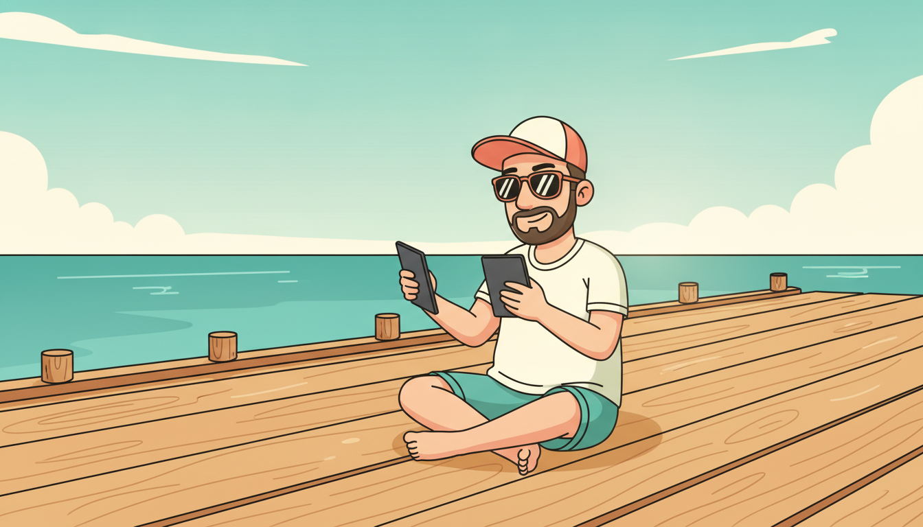 Cartoon illustration of Tim sitting on the edge of a wooden dock with his legs hanging over the water, holding up two e-readers side by side and tilting one into the midday sun