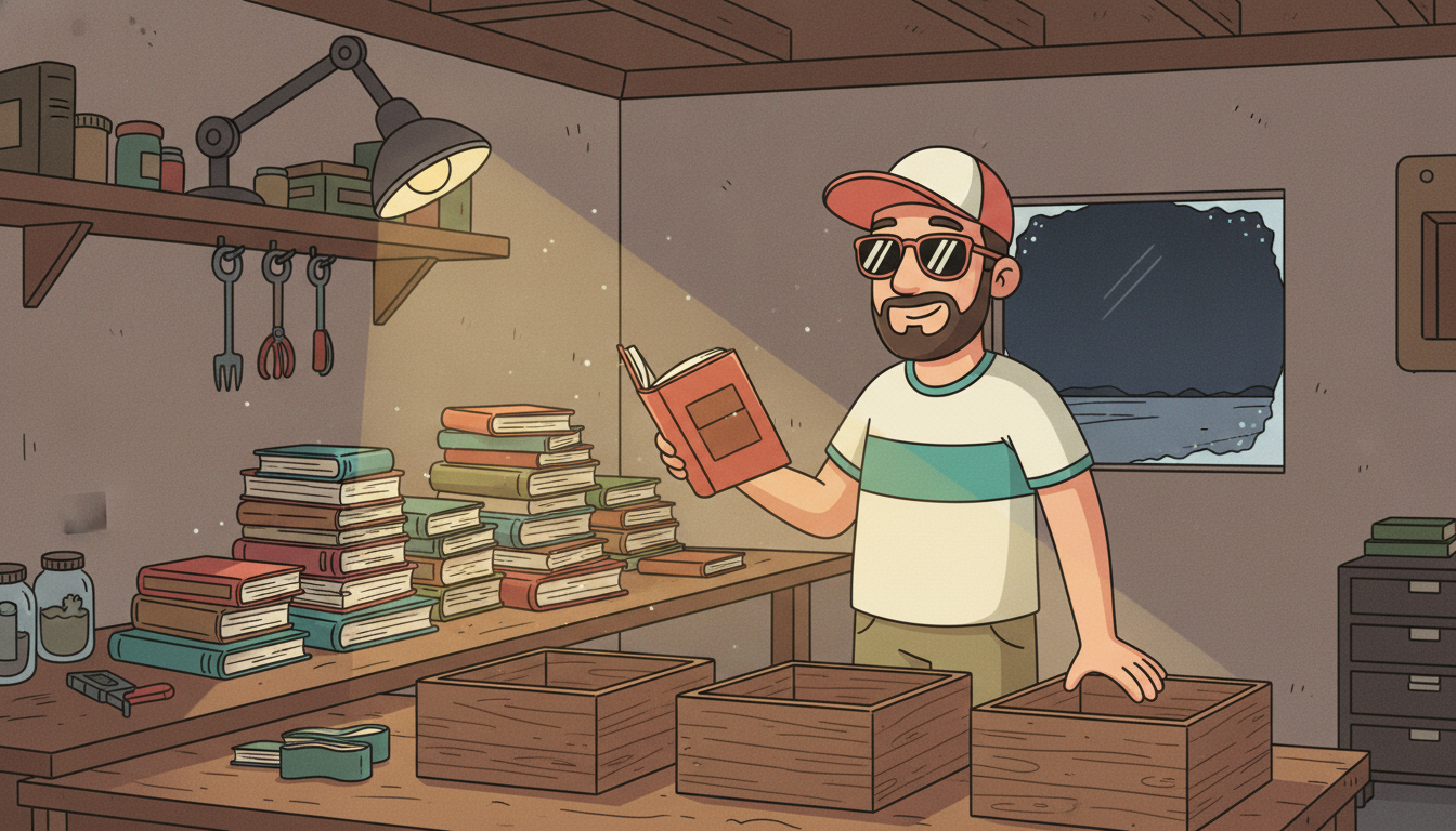 Cartoon illustration of Tim at a workbench in his garage at night, holding up a paperback as he decides which of three empty wooden crates it belongs in, tall stacks of books beside him under a clamp work light