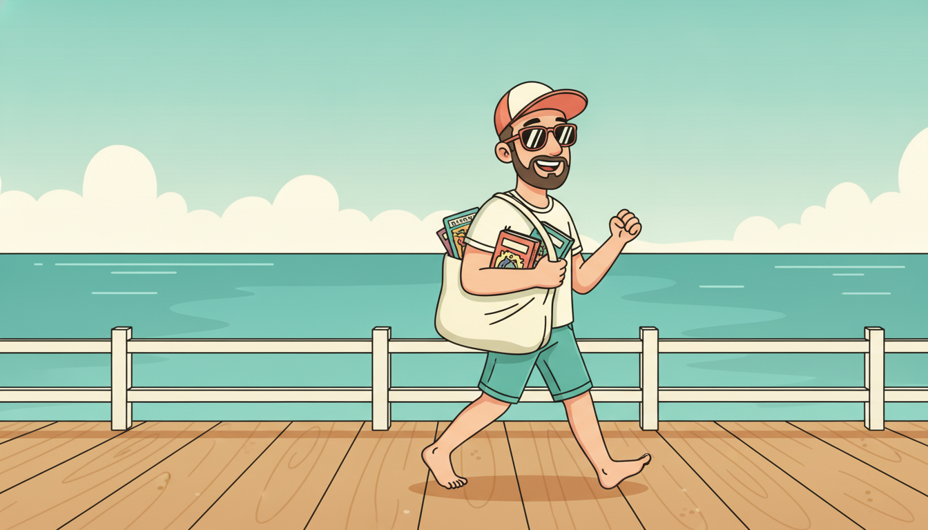 Cartoon illustration of Tim on a beach lounger beside a small stack of colourful fantasy paperbacks
