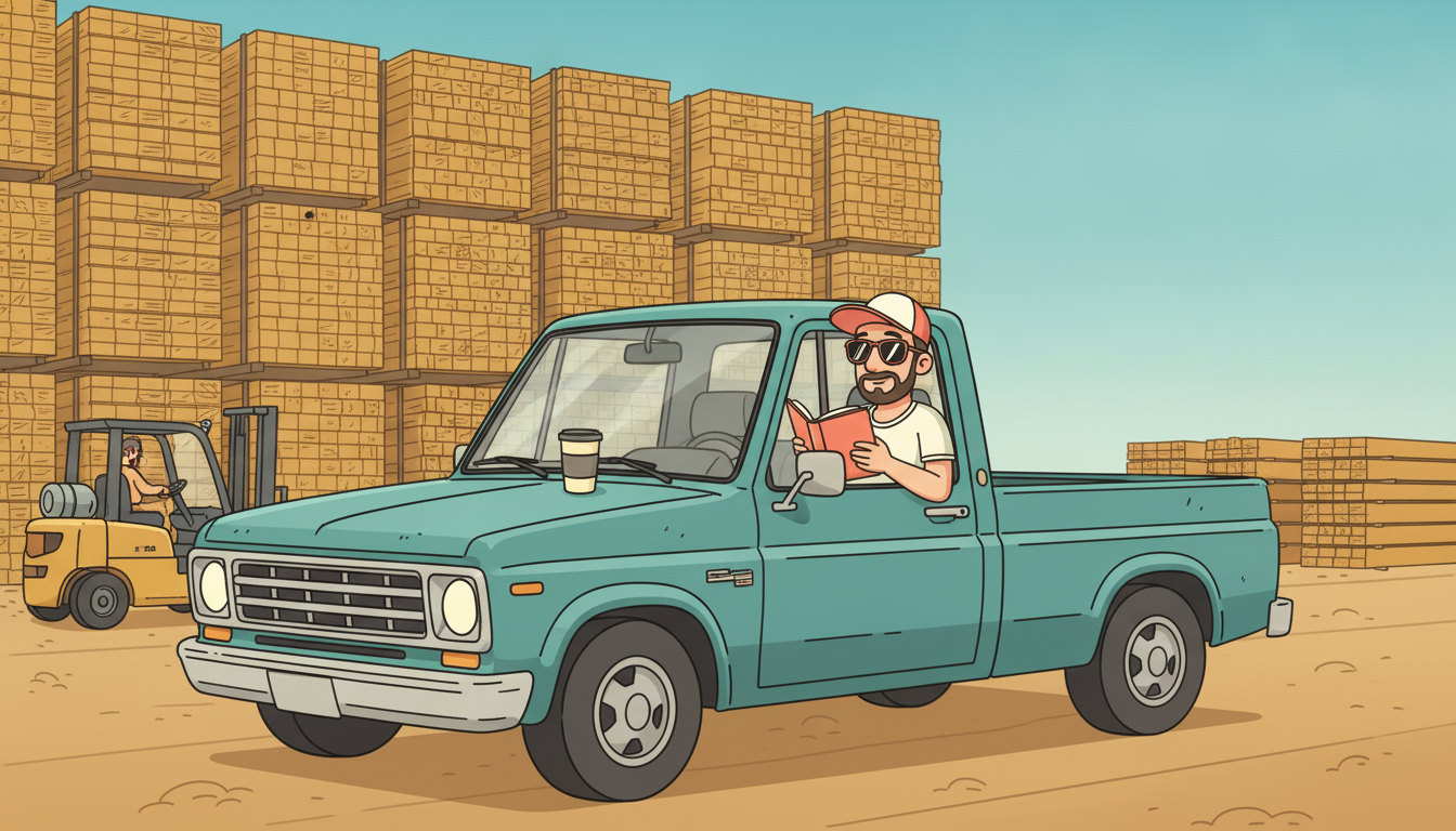 Cartoon illustration of Tim eating lunch in the cab of his work truck at a lumberyard, a thick paperback propped against the steering wheel, stacks of lumber and a forklift visible through the windshield