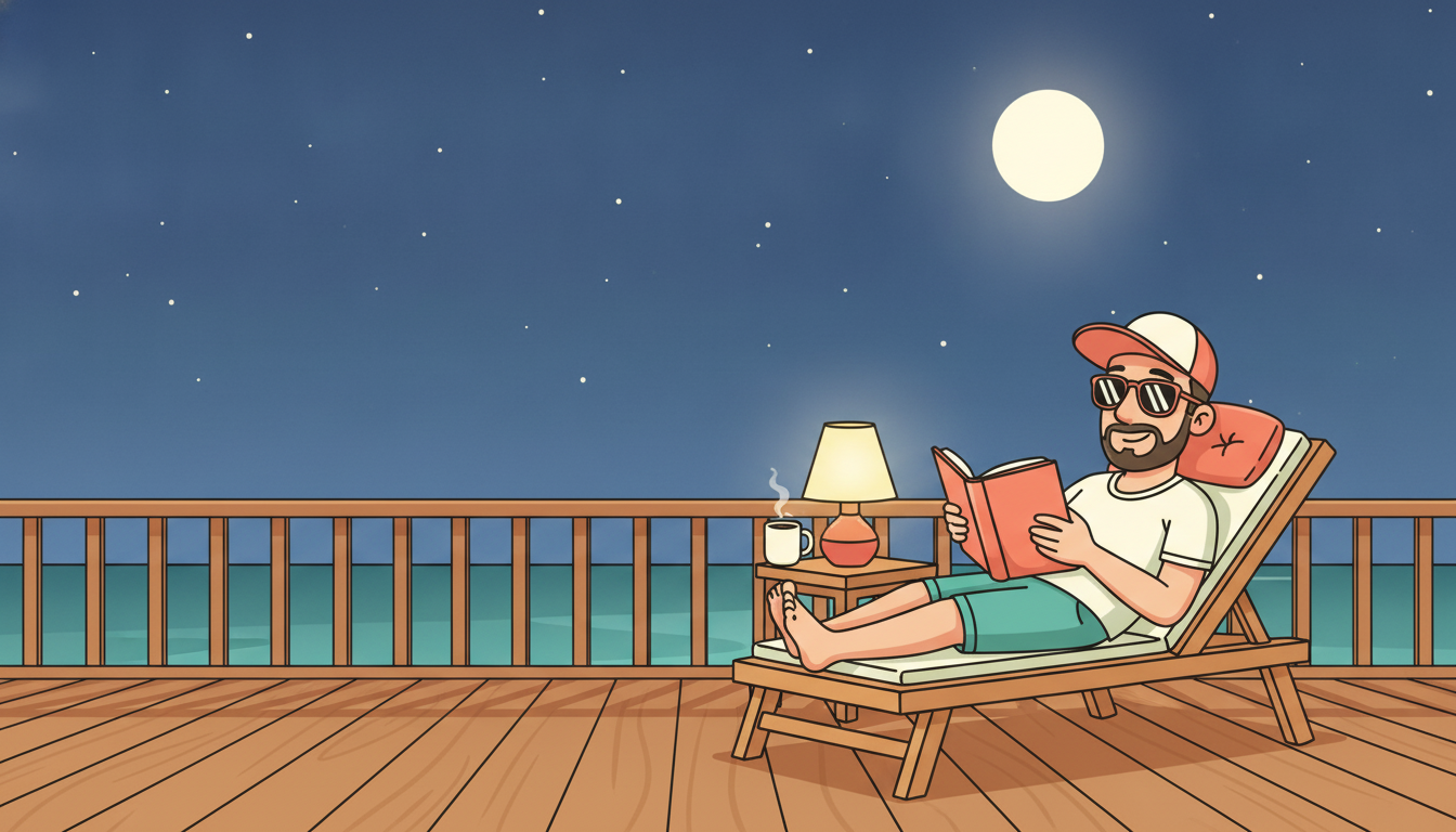 Cartoon illustration of Tim reading a paperback on a balcony at night, a big star-filled sky and bright moon overhead, coffee steaming on the rail