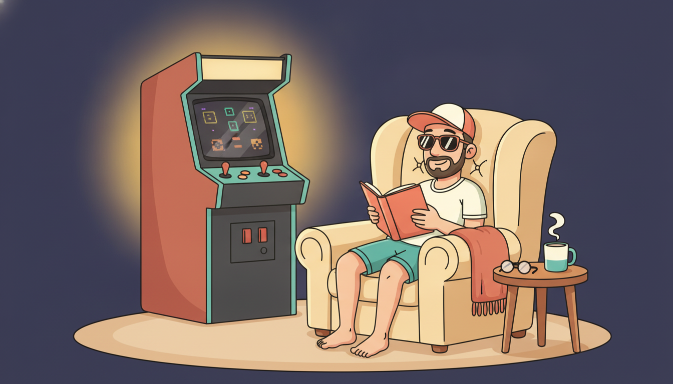 Cartoon illustration of Tim reading a paperback in a cozy chair at night, lit by the glow of a vintage 1980s arcade cabinet