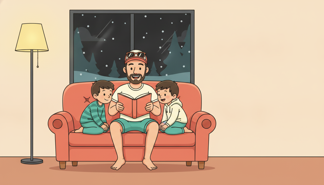 Cartoon illustration of Tim reading a book aloud on the couch under a warm lamp while his two young sons lean in on either side, a dark prairie-winter window behind them