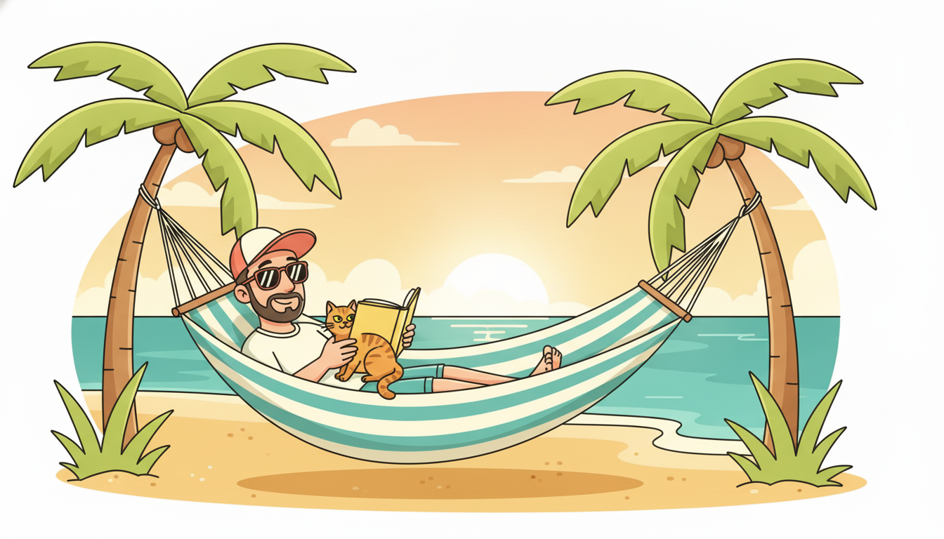 Cartoon illustration of Tim reading a paperback in a striped hammock strung between two palm trees, with a sly tabby cat perched on his stomach eyeing the book