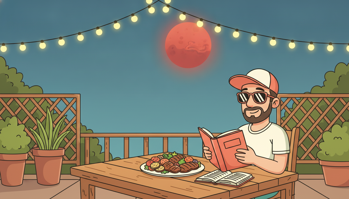 Cartoon illustration of Tim reading on a beach lounger, daydreaming of the red planet Mars and a little astronaut