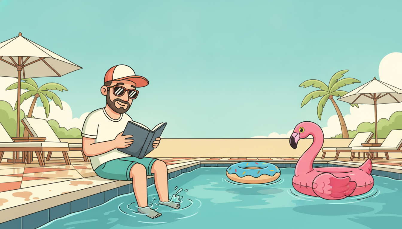 Cartoon illustration of Tim reading a thriller by the water with a coconut drink and a beach ball