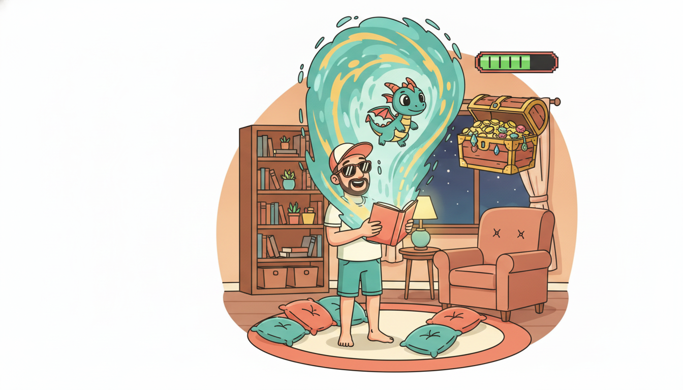 Cartoon illustration of Tim on a beach lounger as a dragon, treasure chest, and video-game health bar float out of his book