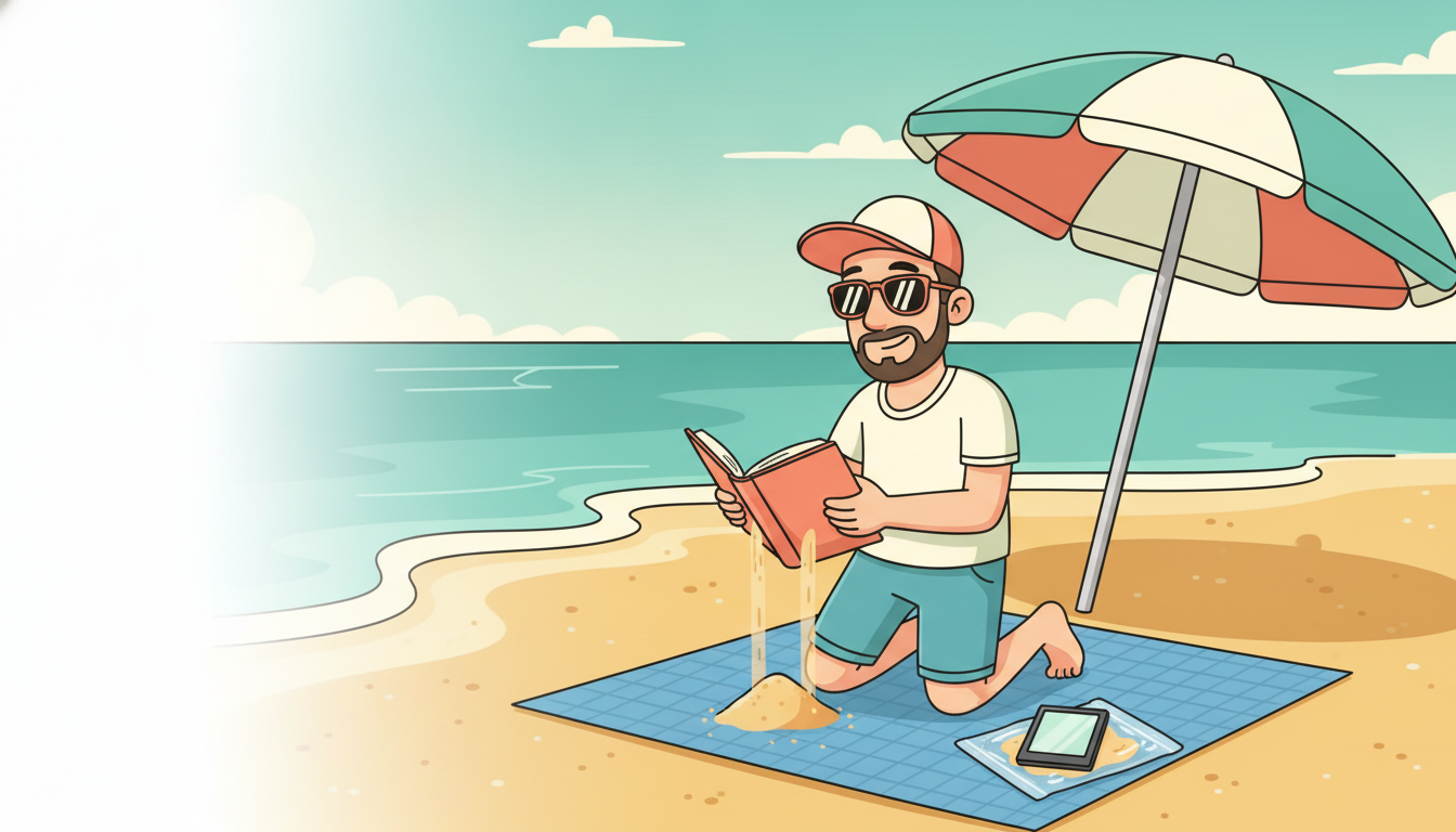 Cartoon illustration of Tim kneeling on a mesh beach mat, tipping an open paperback sideways so a stream of sand pours out of the spine, an e-reader sealed in a clear pouch beside him