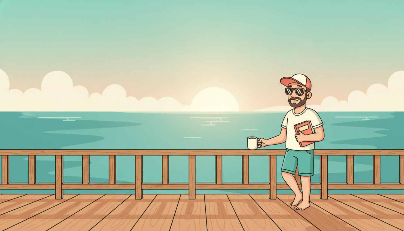Cartoon illustration of Tim reading on a sunrise balcony with a coffee mug on the railing, ocean beyond
